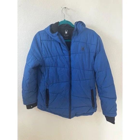 Spyder Boys Puffer Jacket Blue Hooded Full Zip Winter Ski Snow‎ Size Large 14 16