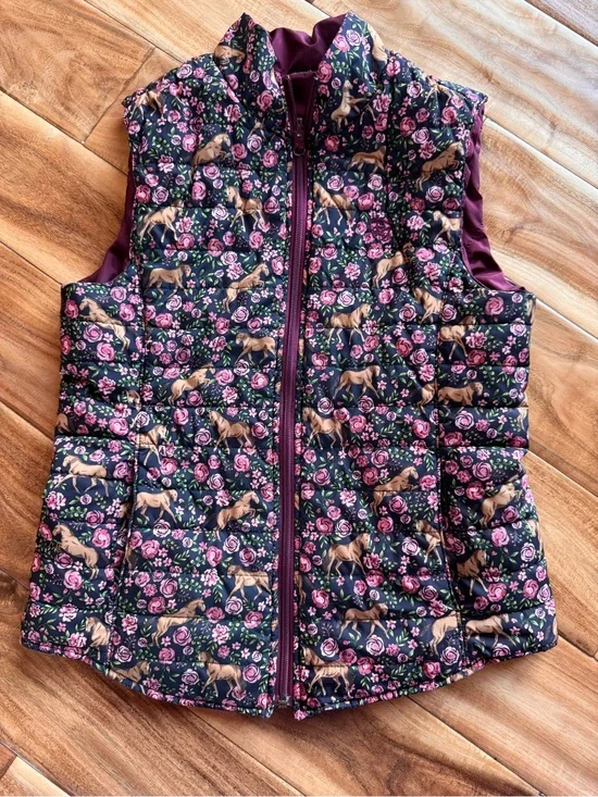 Ariat Girls Navy Horse & Rose Print Quilted Vest with Maroon Trim reversible