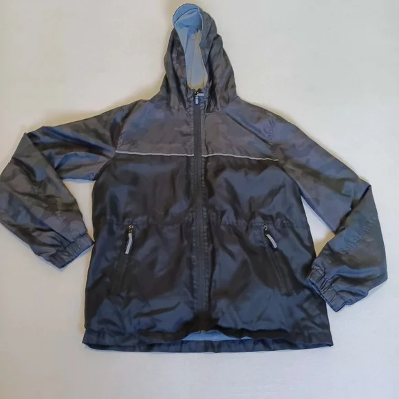 Distortion Kids Sz 10/12 Black and Gray Camo Hooded Windbreaker Jacket