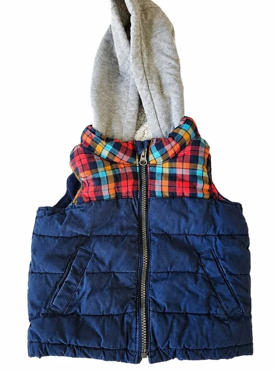 Old Navy Puffer Vest 2T with Plaid and Gray Hood, Cotton and Fleece Lined