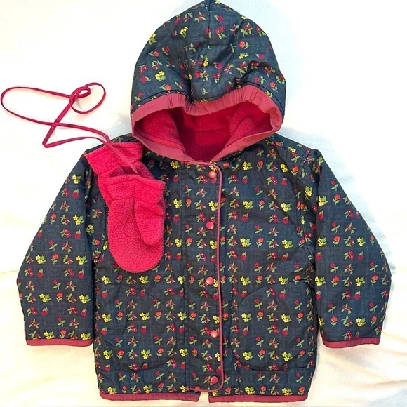 Vintage Gymboree 1998 Rainbow Tag Reversible Floral Blue/Pink Coat &Mittens 2-3T