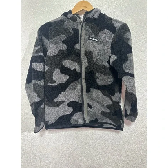 Columbia Kids Grey Black Camo Full Zip Fleece Hoodie Jacket Large 14/16 XY2744