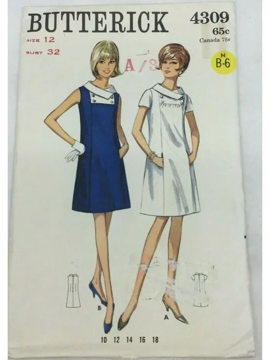 Vintage Butterick 4309 Womens Semi Fitted A-line Dress Collar Sewing Craft 12