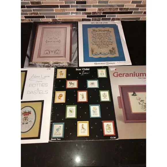 Lot Of 5 Vtg Christian cross‎ stitch patterns Love Sampler My Husband Geranium