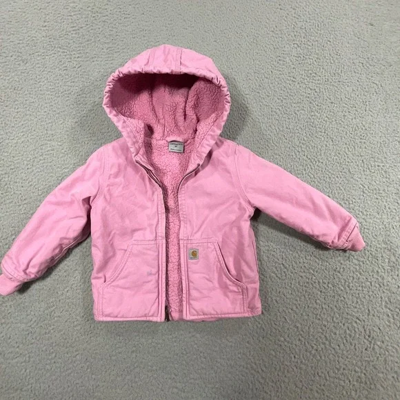 Carhartt Hooded Sherpa Lined Jacket Toddler‎ 3T Pink Full Zip Canvas Active Coat