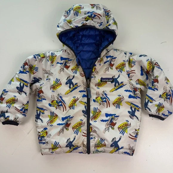 Patagonia Kids Reversible Down Sweater Hoodie Blue Skiing Badger Print Jacket 5T