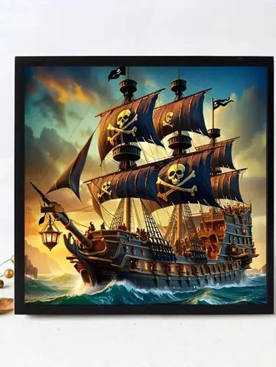 Diamond Painting Artwork Featuring a Pirate Ship Sailing on The Ocean