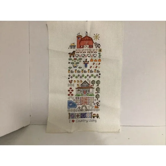 country living cross stitch homestead and barn animals scarecrow 17.5”x11-3/4”