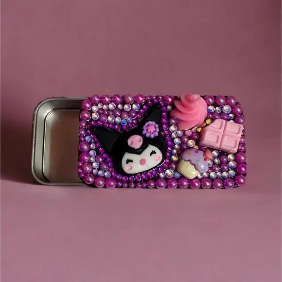 Handmade Pill Box Kuromi Junk Case, Decoden Rhinestones Travel Mini Trinket Tin