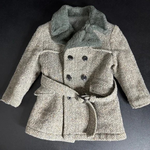 Vintage Herringbone Tweed Toddler 12 Mo 1 YO Overcoat Faux Fur Belted Tweed Coat