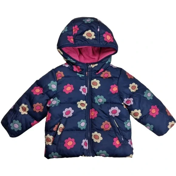 Jumping Beans Baby Girl 18 Mos Navy Blue Flower Fleece Lined Puffer‎ Jacket NEW