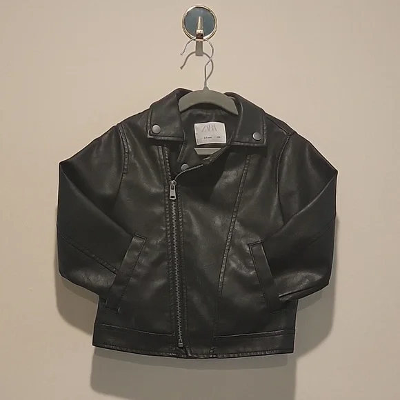 Zara boys faux leather jacket assymetrical black 3-4 years old