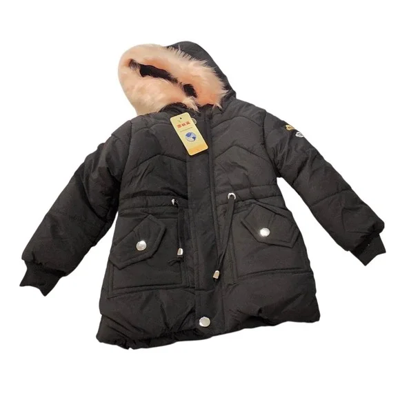 New Girls Black Quilted Puffer Jacket Pink Faux Fur Hood Floral‎ Embroidery 3-4Y