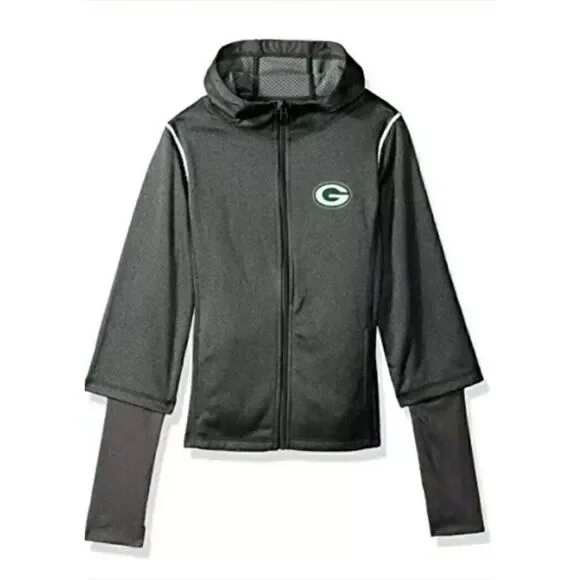 New Green Bay Packers NFL Zip Up Hoodie Girls Large Layered Funnel Neck Jacket
