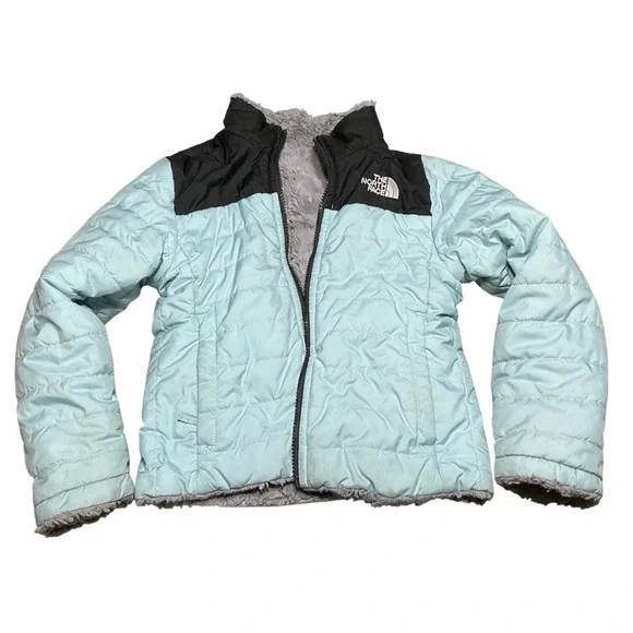 The North Face Reversible Mossbud Swirl Jacket Blue Grey Girls XS‎ 6 Fleece Puff