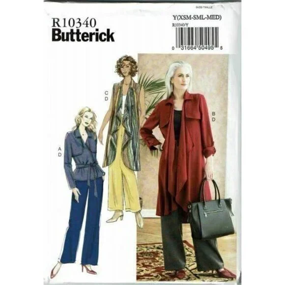 Butterick Sewing Pattern 10340 Misses Jacket Sash‎ Coat Vest Pants Size XSM-MED