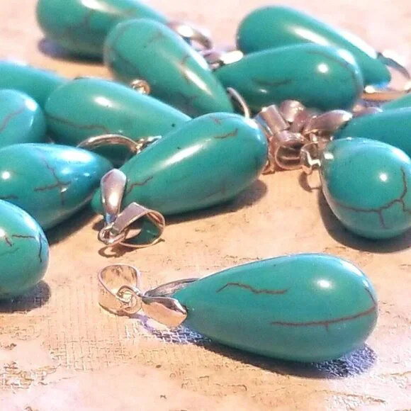 Turquoise Magnesite Teardrop Gemstone Pendant 37x12mm 18K WG Plated Bail 1 pc