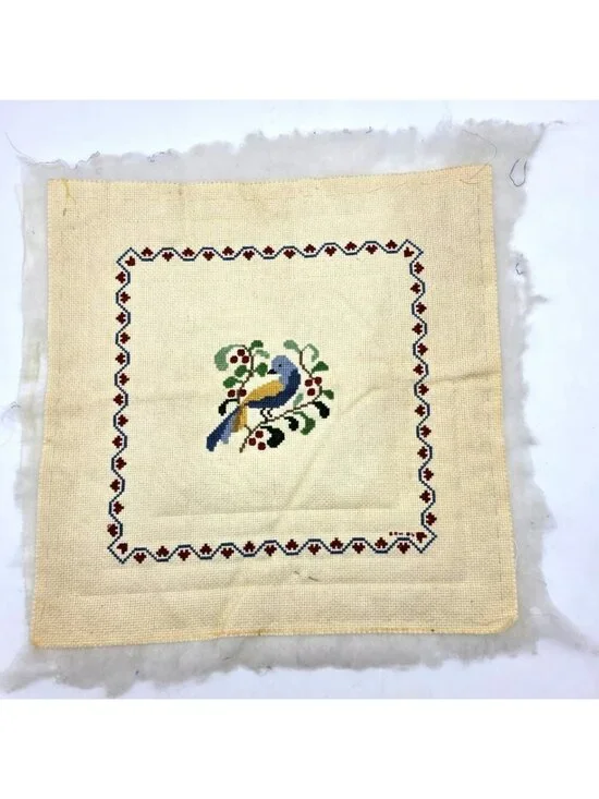 Vintage Folk Art Needlepoint Bird Pillow Top ONLY 12x12 Bluebird Floral Cottage