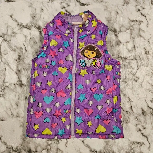 Kids Dora the Explorer Puffer‎ Vest Purple Hearts Stars Nickelodeon Size 5