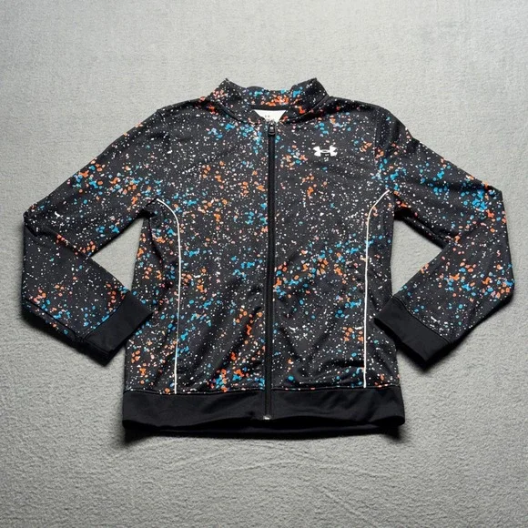 Under Armour Kids Large Track Jacket Full Zip Paint Splatter Black Orange Blue