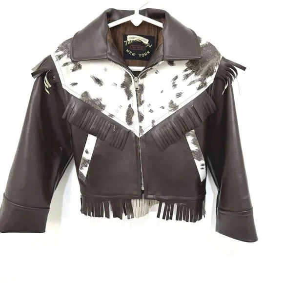 Vintage 60s 70s Thermo &Togs Kids Western Vinyl Fringe Jacket Cowhide Style