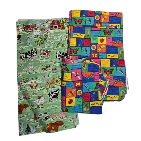 VINTAGE‎ 90s bug butterfly cow animal farm print fabric 4 pieces