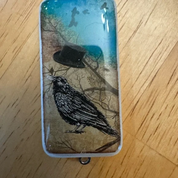 Handmade, Raven, domino Pendant with Blue and Brown Design
