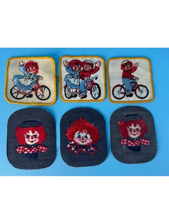 Vintage Raggedy Ann & Andy Embroidered Sew-On Patch Lot of 6 Denim Material