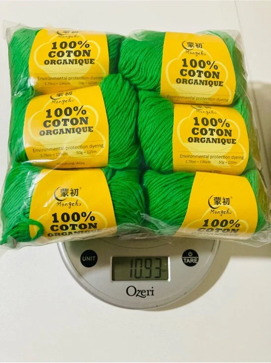 NWT 6 Mengchu 100% Organic Cotton‎ Yarn Color Primary Green ~48g ea 10oz total