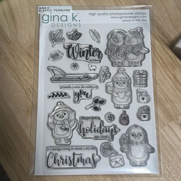 Gina K. Designs PLAYFUL PENGUINS Stamp & Die Set Winter Birds Christmas Retired