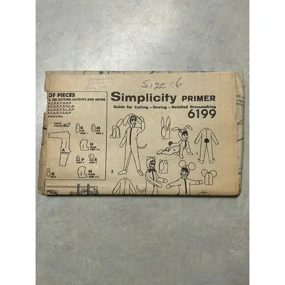 Vintage 1960's Simplicity Primer Pattern #6199 Animal Costumes Child Sz‎ 6