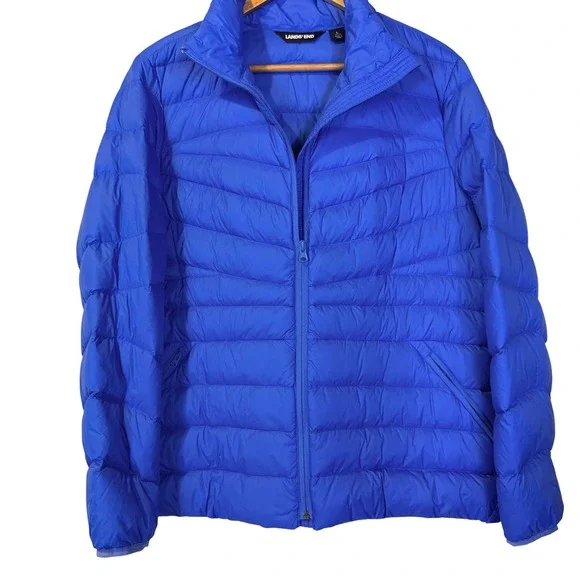 Lands End Kids Blue Puffer Jacket L 14-16 Lightweight‎ Full Zip Winter Coat