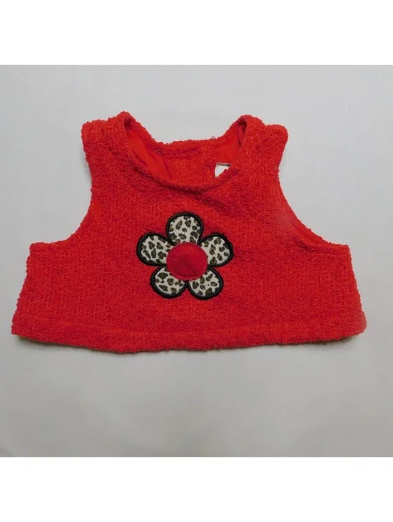 Rare Editions Baby Girls Vest 24M Red Fuzzy Boucle Faux Fur Leopard Flower Top