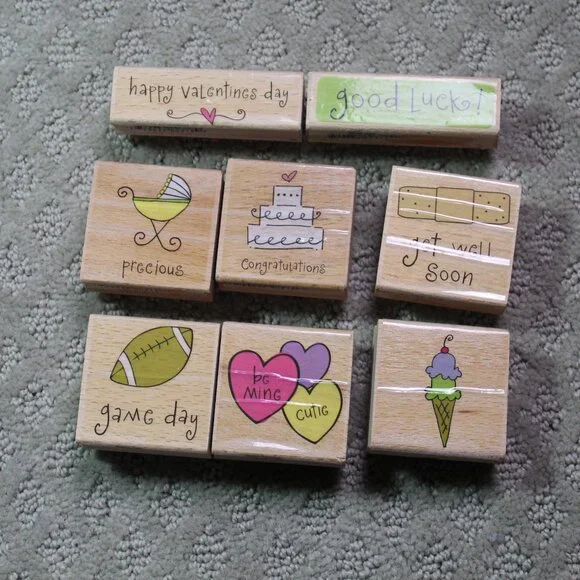Lot of 8 Katie & Co Seasonal Themed Good Preowned Wood Mounted Stamps