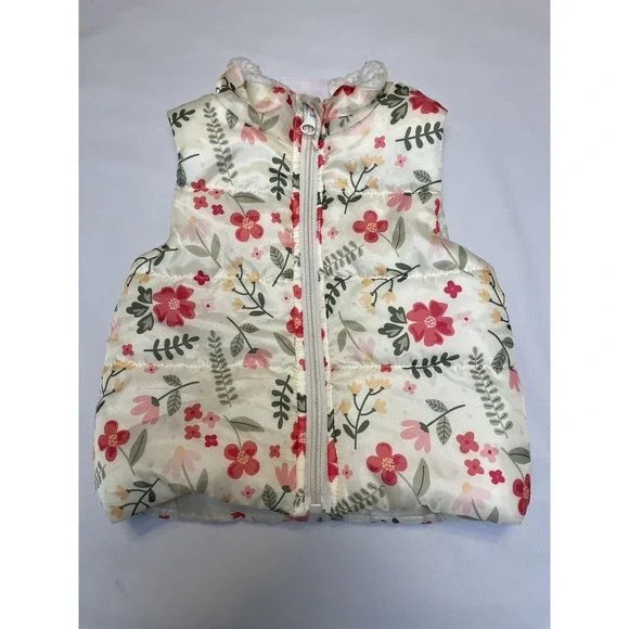 Just Lizzy Cream Floral Puffer Vest Zip Up Sherpa Girls Infant Size 12‎ Months