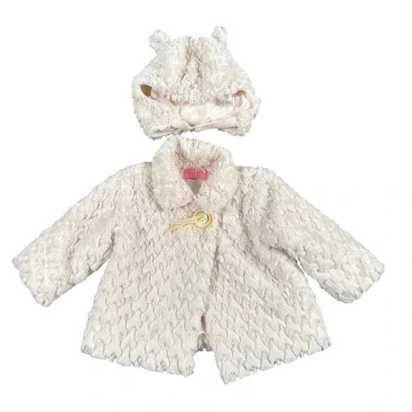 The Childrens Place Baby‎ Girls Cream Faux Fur Coat and Hat Set 9-12M Ivory 218