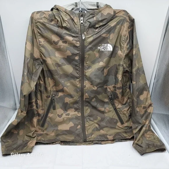 The North Face Youth Windwall Camo Hooded Windbreaker Jacket Brown Green M 10/12