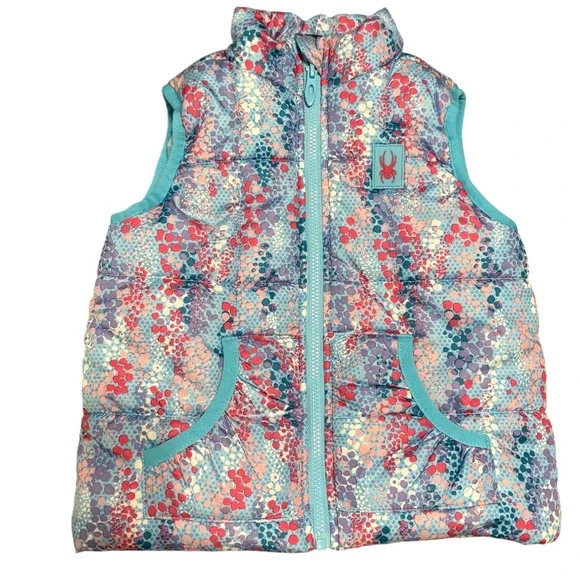 Spyder Kids Girls‎ Puffer Vest 2T Blue Pink Floral Print Full Zip Pockets Cute
