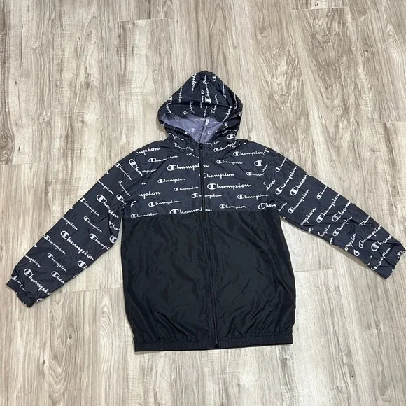 Champion Boys Windbreaker Jacket Medium M 8-10 Black White All Over Print Zip