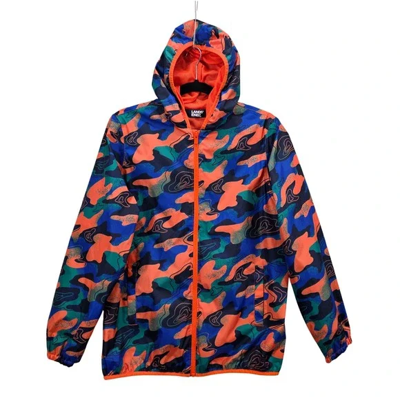 Lands End Boys XL 14-16 Windbreaker Rain Jacket‎ Hooded  Camo Topographic