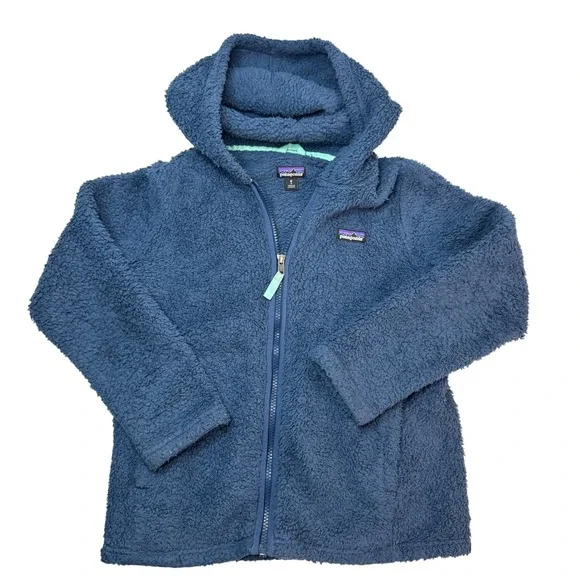 Patagonia Girls Sz 10 Los Gatos Hooded Jacket Blue Sherpa Fleece Full Zip Size M