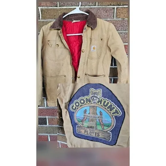 Vtg Carhartt Barn Chore Coat Jacket‎ Sz Youth 10 Brown Coon Hunt With plotts USA