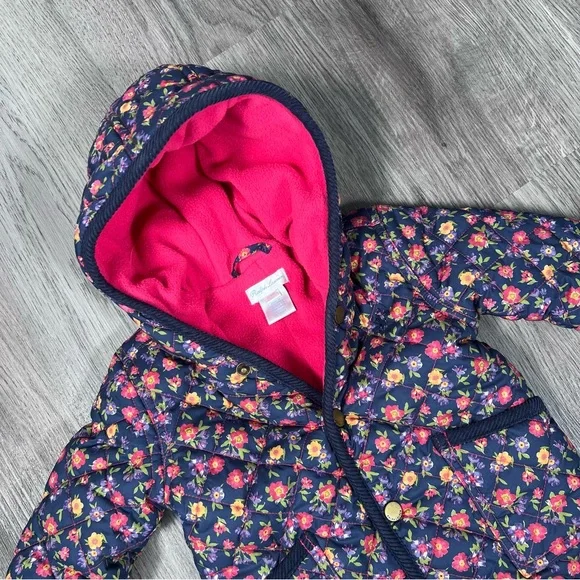 Ralph Lauren Baby Fleece Snow Suit‎ Quilted Hooded Overall Floral 6 Months Snap