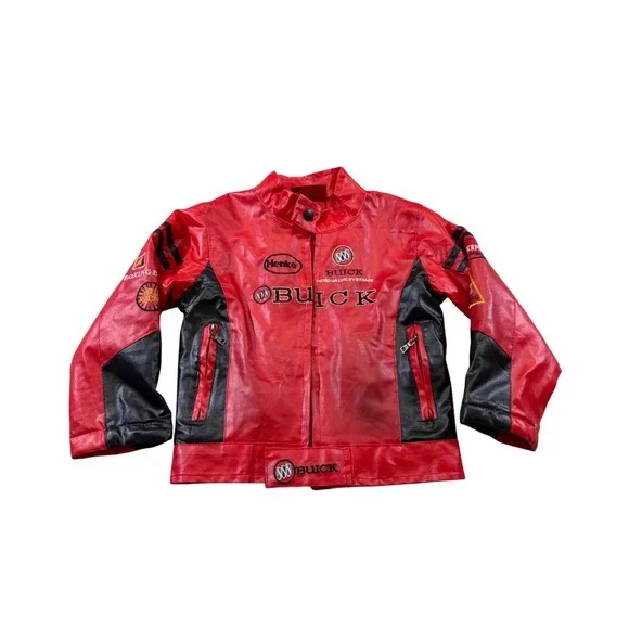 Buick Racing Jacket‎ Kids Red Black Moto Biker Faux Leather Patch Vintage S/M