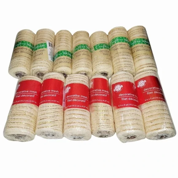 13 Rolls Decorative Mesh Ribbon Cream Gold 6 in x 5 yd Crafter's Square NIP