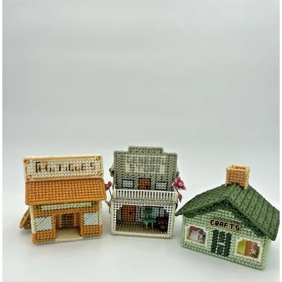 Vtg 70s Handmade Yarn Needlepoint Completed‎ 3 Store Houses Plastic Canvas