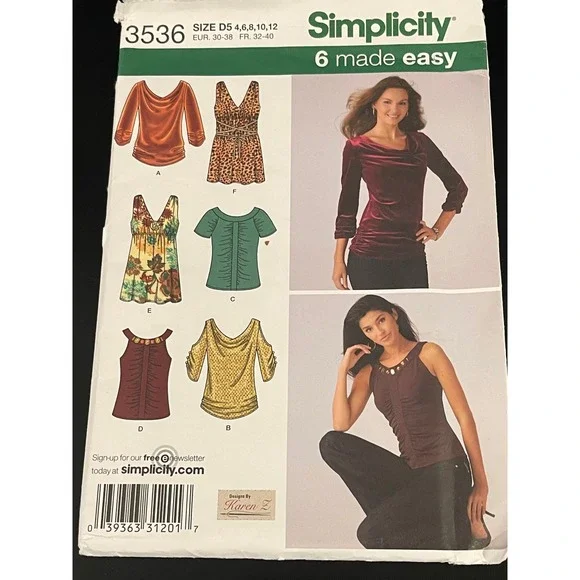 00179 - Simplicity 3536 Misses Knit Tops Scoop & V Neck Sewing Pattern Size 4-12