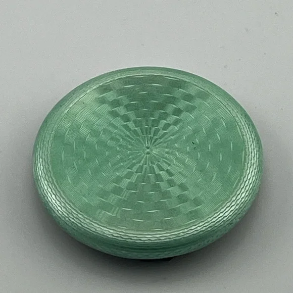 Vintage German Sterling Silver Guilloche Enamel Powder Compact Green Mirror