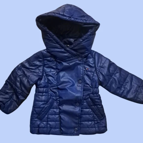Tommy Hilfiger Navy Blue Puffer Hooded Jacket Button Snaps Zipper Toddler 2T