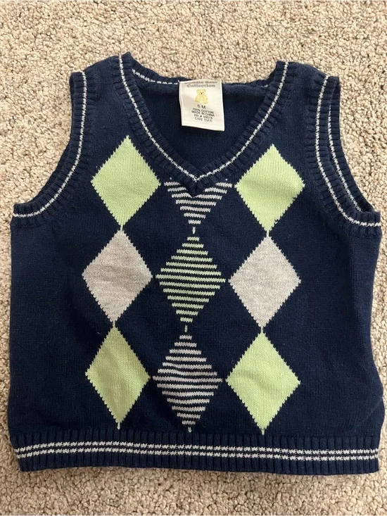 Navy Argyle Knit Vest with Lime and Gray Diamonds Preppy Collegiate Baby 6M